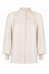 A cream-colored long-sleeve blouse with a high ruffled collar, button-down front, and textured ruffled cuffs, shown against a plain white background.