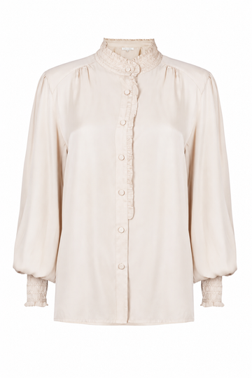A cream-colored long-sleeve blouse with a high ruffled collar, button-down front, and textured ruffled cuffs, shown against a plain white background.