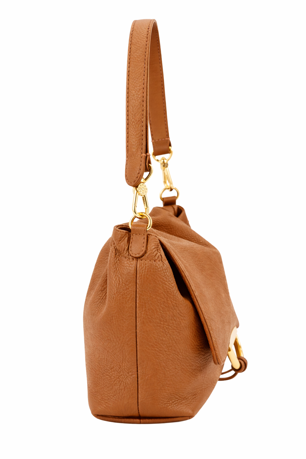 Tan leather bag with a strap on a white background