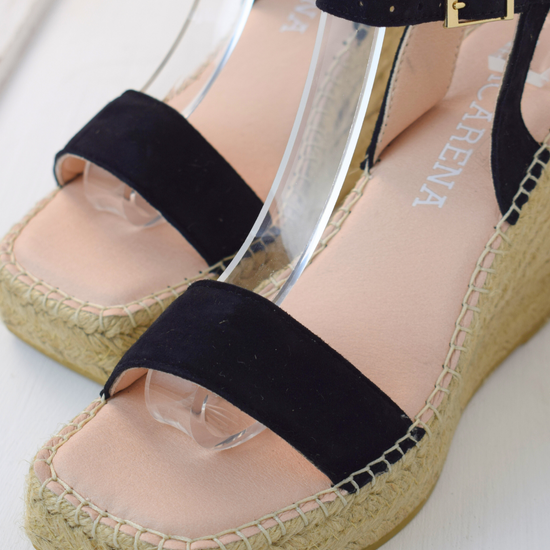 Raffia wedge sandal with black swede top and ankle strap 