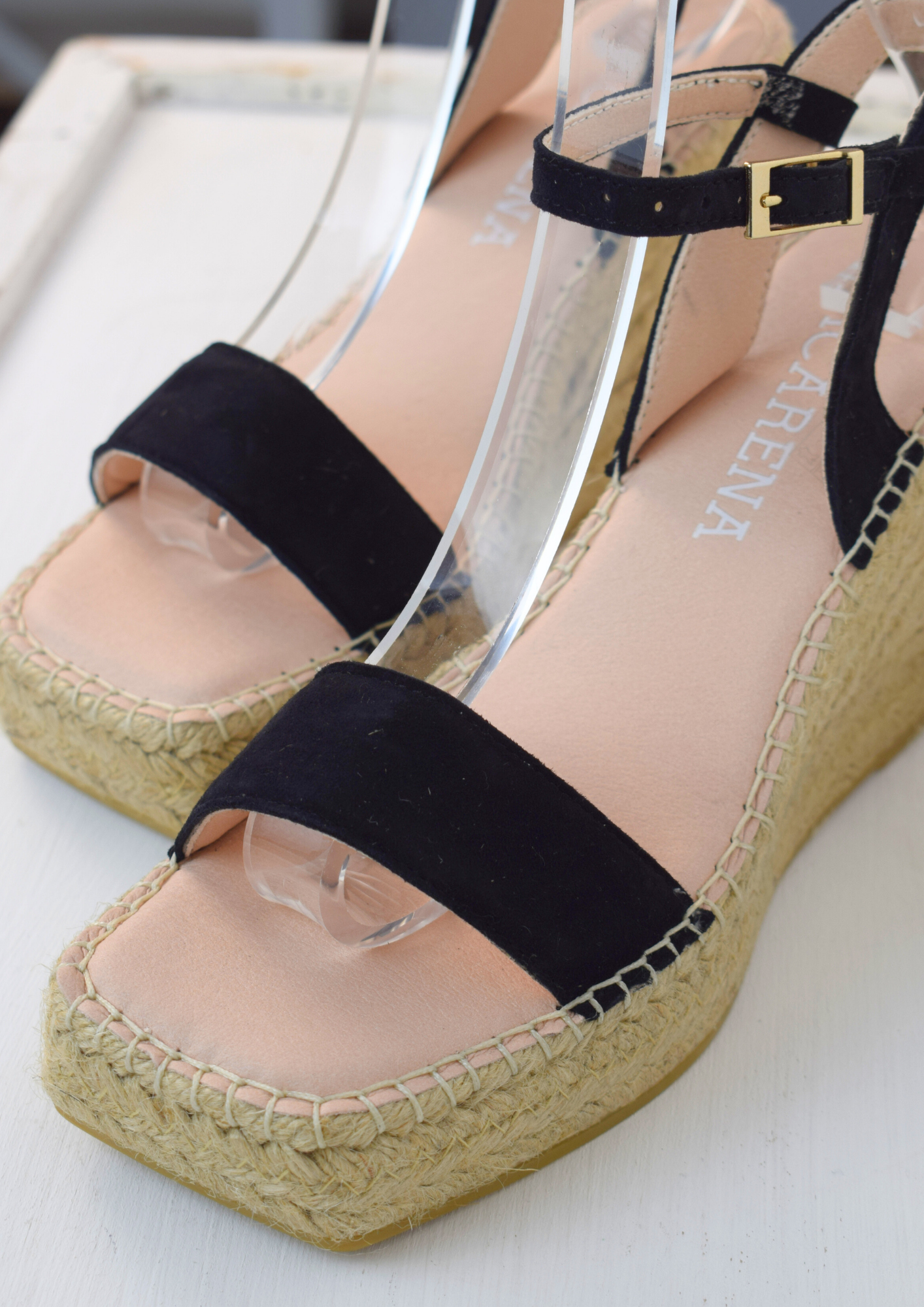 Raffia wedge sandal with black swede top and ankle strap 