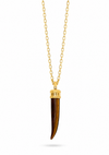 A gold chain necklace featuring a pendant made from a polished tiger's eye or tortoiseshell bone with a gold cap, displayed on a clean white background.