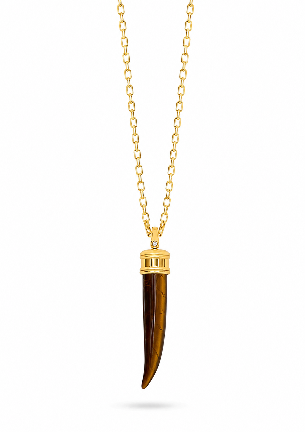 A gold chain necklace featuring a pendant made from a polished tiger's eye or tortoiseshell bone with a gold cap, displayed on a clean white background.