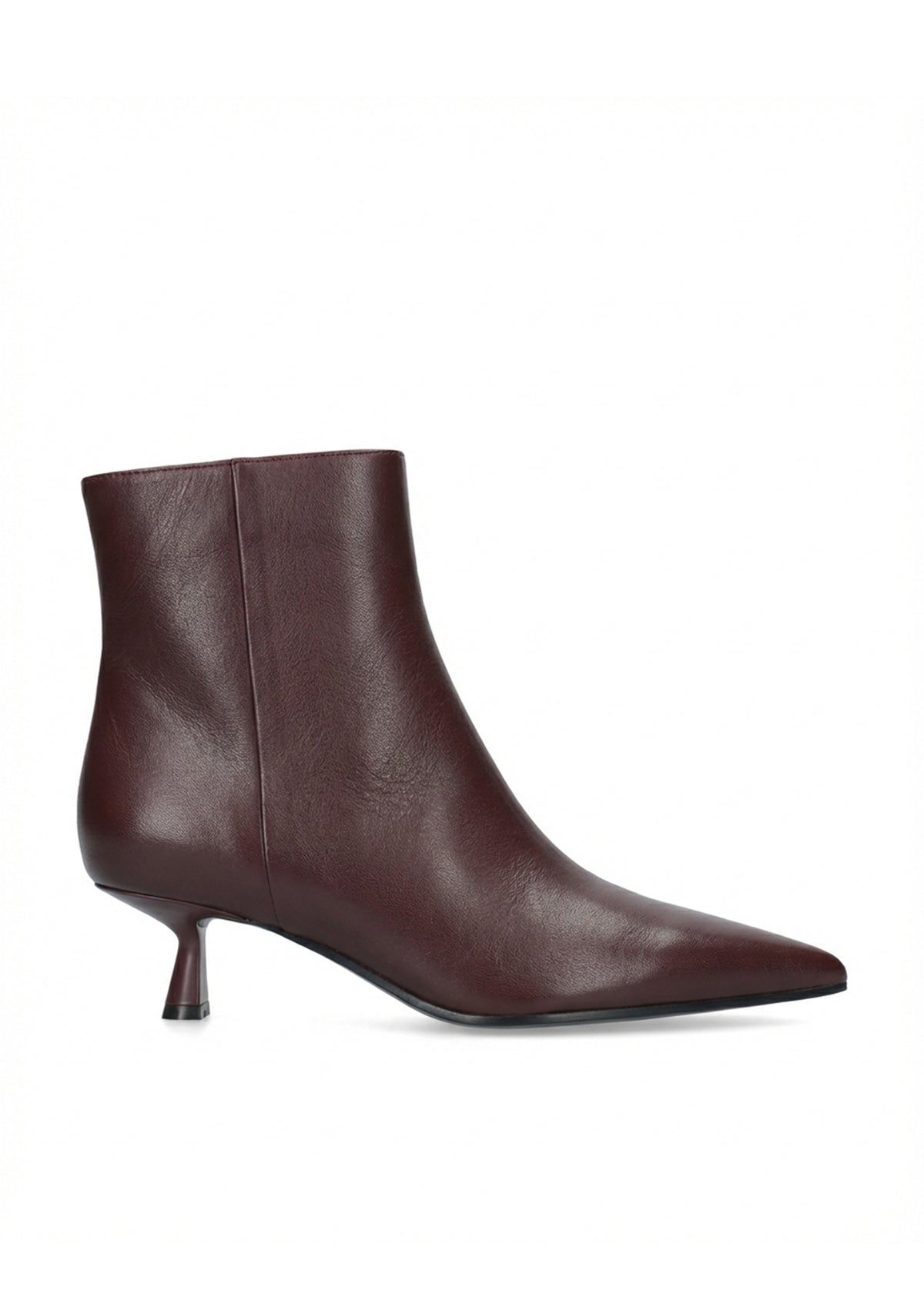 A single dark burgundy leather ankle boot with a pointed toe and a short kitten heel, shown from a side profile on a white background.