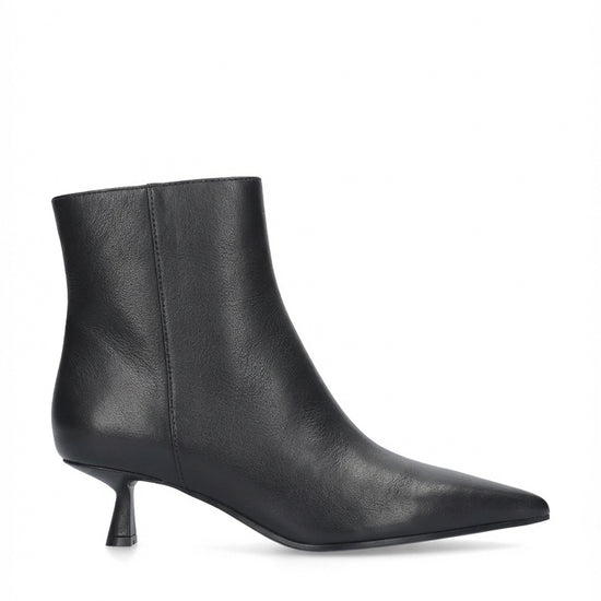 A single black leather ankle boot with a pointed toe and a short kitten heel, shown in a side profile on a white background.