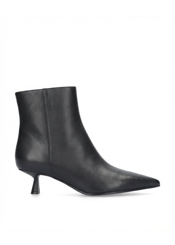 A single black leather ankle boot with a pointed toe and a short kitten heel, shown in a side profile on a white background.