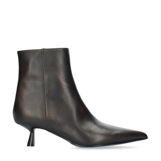 A dark brown leather ankle boot with a pointed toe and a short kitten heel, shown from a side profile on a white background.