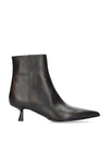 A dark brown leather ankle boot with a pointed toe and a short kitten heel, shown from a side profile on a white background.
