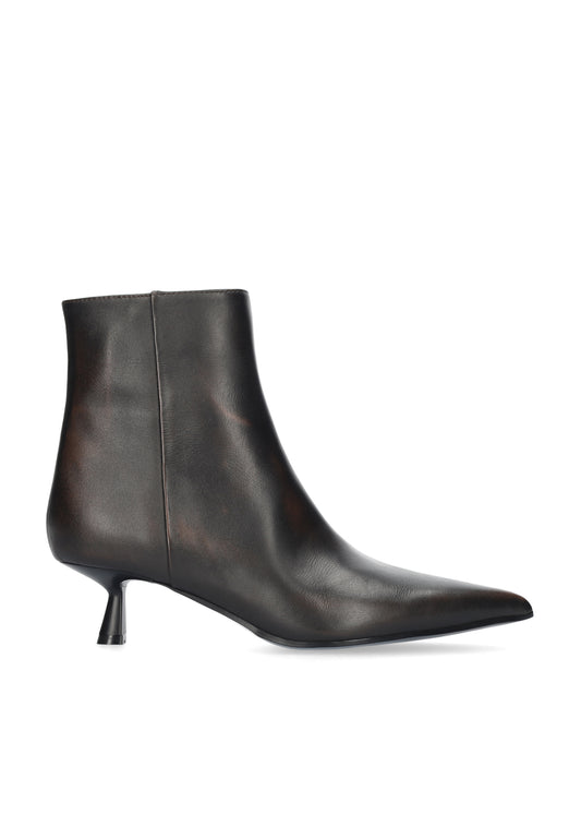 A dark brown leather ankle boot with a pointed toe and a short kitten heel, shown from a side profile on a white background.