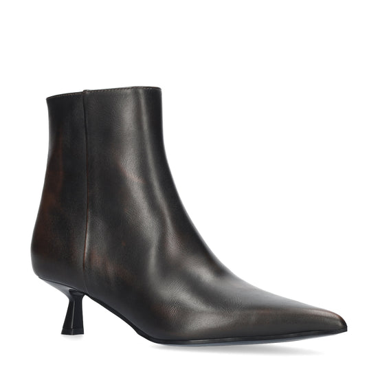 A single dark brown leather ankle boot with a pointed toe and a short kitten heel, shown from a side profile on a white background.