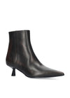 A single dark brown leather ankle boot with a pointed toe and a short kitten heel, shown from a side profile on a white background.