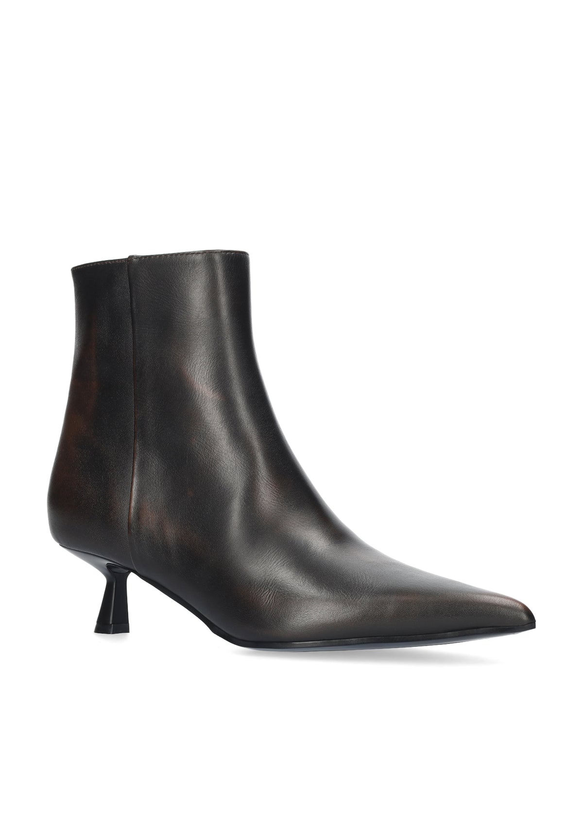 A single dark brown leather ankle boot with a pointed toe and a short kitten heel, shown from a side profile on a white background.