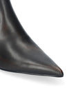 Close-up of a pointed-toe black leather boot on a clean white background.
