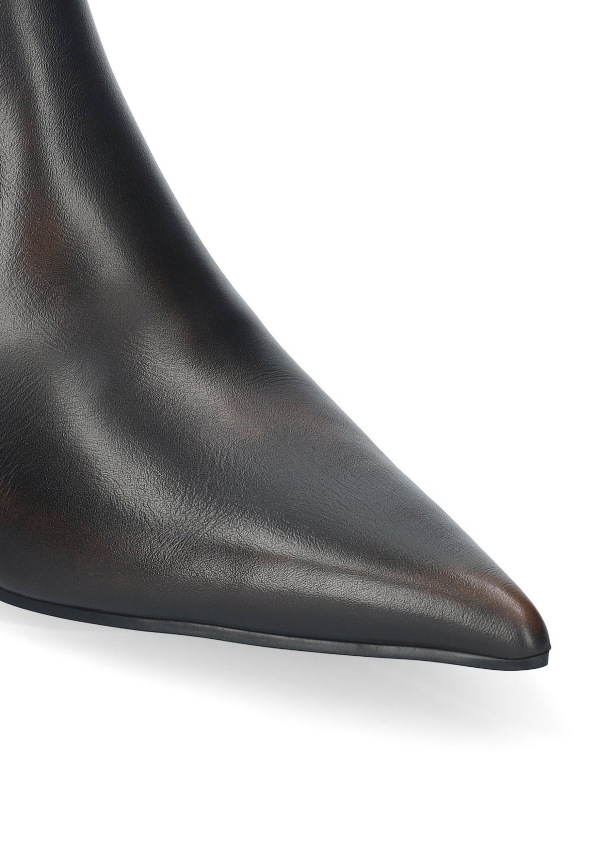 Close-up of a pointed-toe black leather boot on a clean white background.