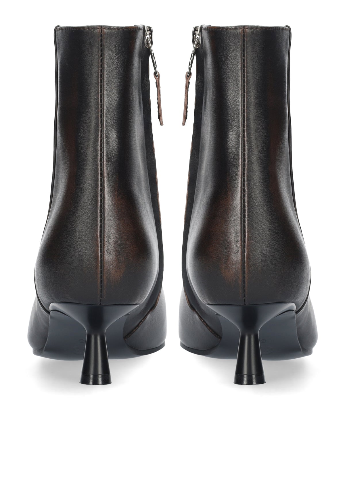A pair of dark brown leather ankle boots with a pointed kitten heel, shown from the back on a white background.