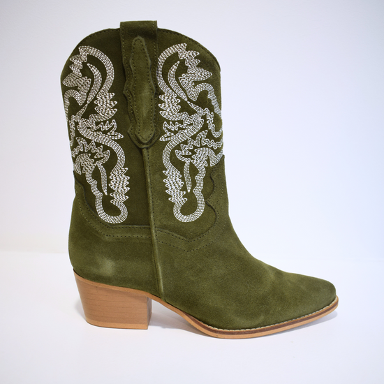 Army green cowboy boot with contrast stitching