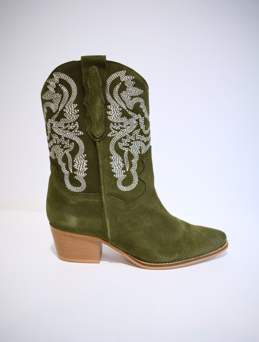 Army green cowboy boot with contrast stitching