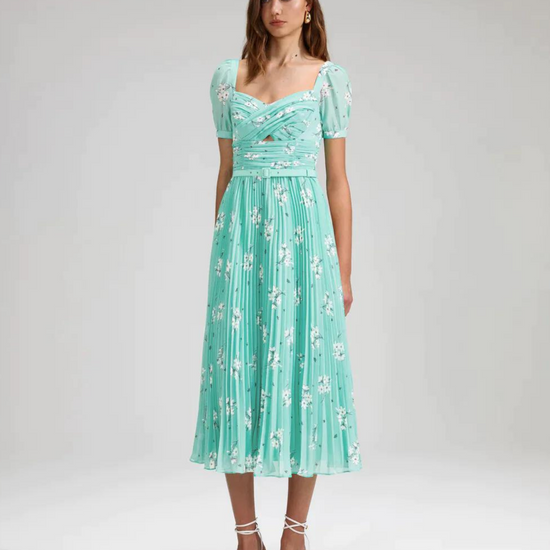 Aqua chiffon midi dress with short sleeves and pleated skirt with all over ivory floral print