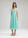 Aqua chiffon midi dress with short sleeves and pleated skirt with all over ivory floral print