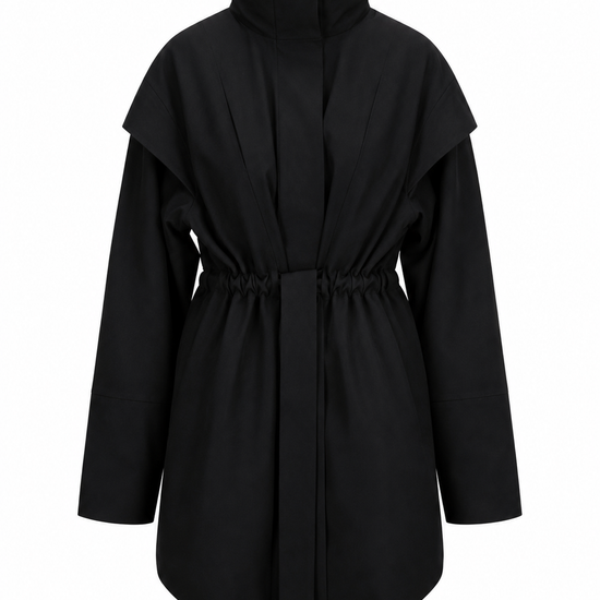 A black long-sleeve coat with a high mock neck, wide shoulder panels, and a self-tie belt at the waist, shown against a plain white background.