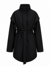 A black long-sleeve coat with a high mock neck, wide shoulder panels, and a self-tie belt at the waist, shown against a plain white background.