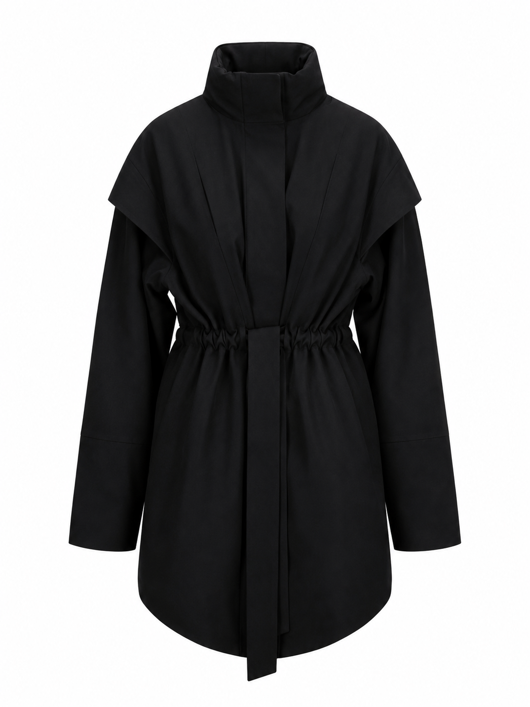 A black long-sleeve coat with a high mock neck, wide shoulder panels, and a self-tie belt at the waist, shown against a plain white background.