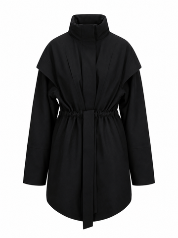 A black long-sleeve coat with a high mock neck, wide shoulder panels, and a self-tie belt at the waist, shown against a plain white background.
