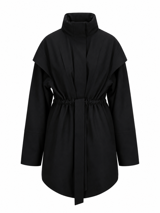 A black long-sleeve coat with a high mock neck, wide shoulder panels, and a self-tie belt at the waist, shown against a plain white background.
