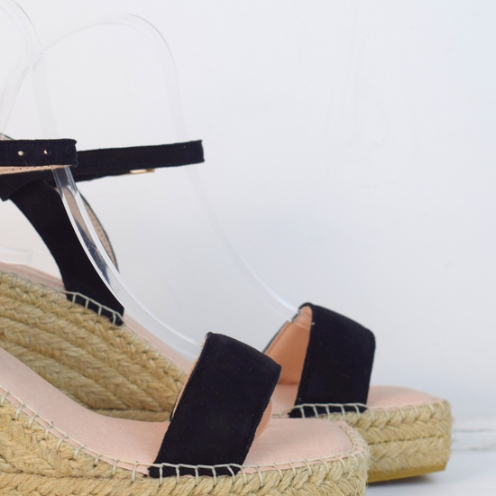 Raffia wedge sandal with black swede top and ankle strap 