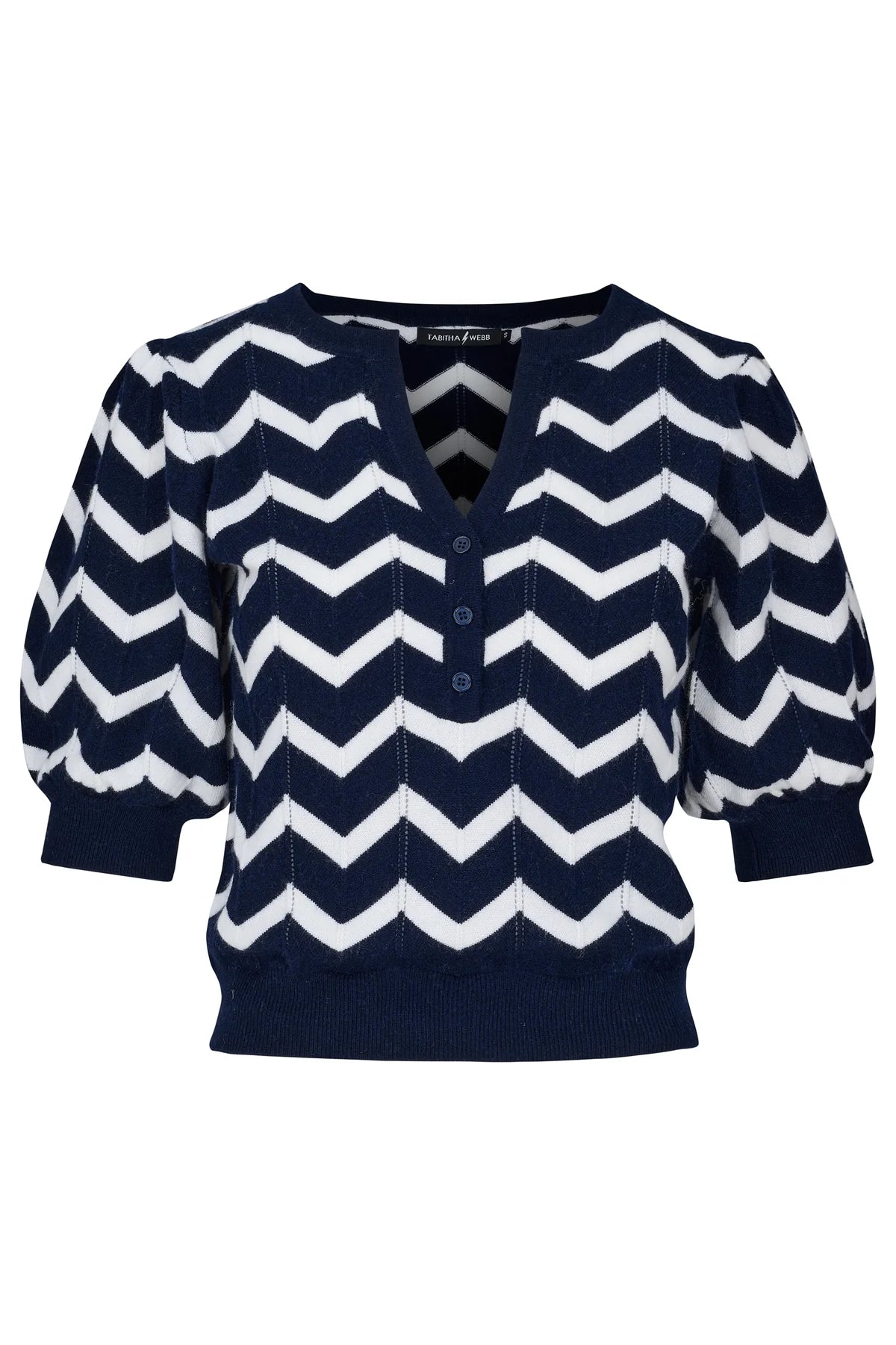 Navy short sleeved knitted jumper with half placket and white chevron throughout