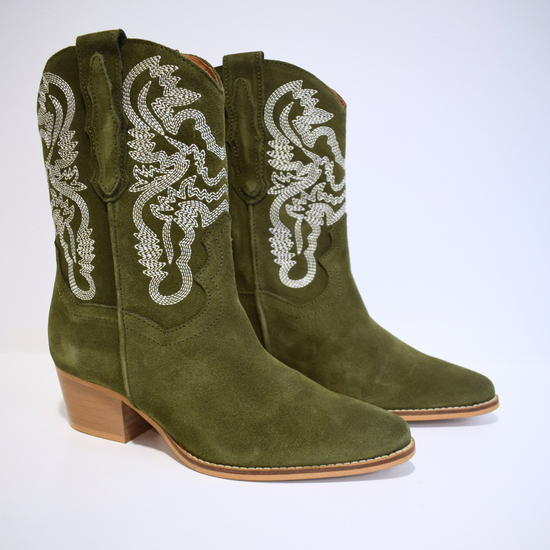 Army green cowboy boot with contrast stitching