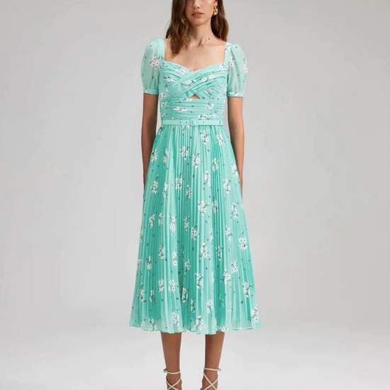 Aqua chiffon midi dress with short sleeves and pleated skirt with all over ivory floral print