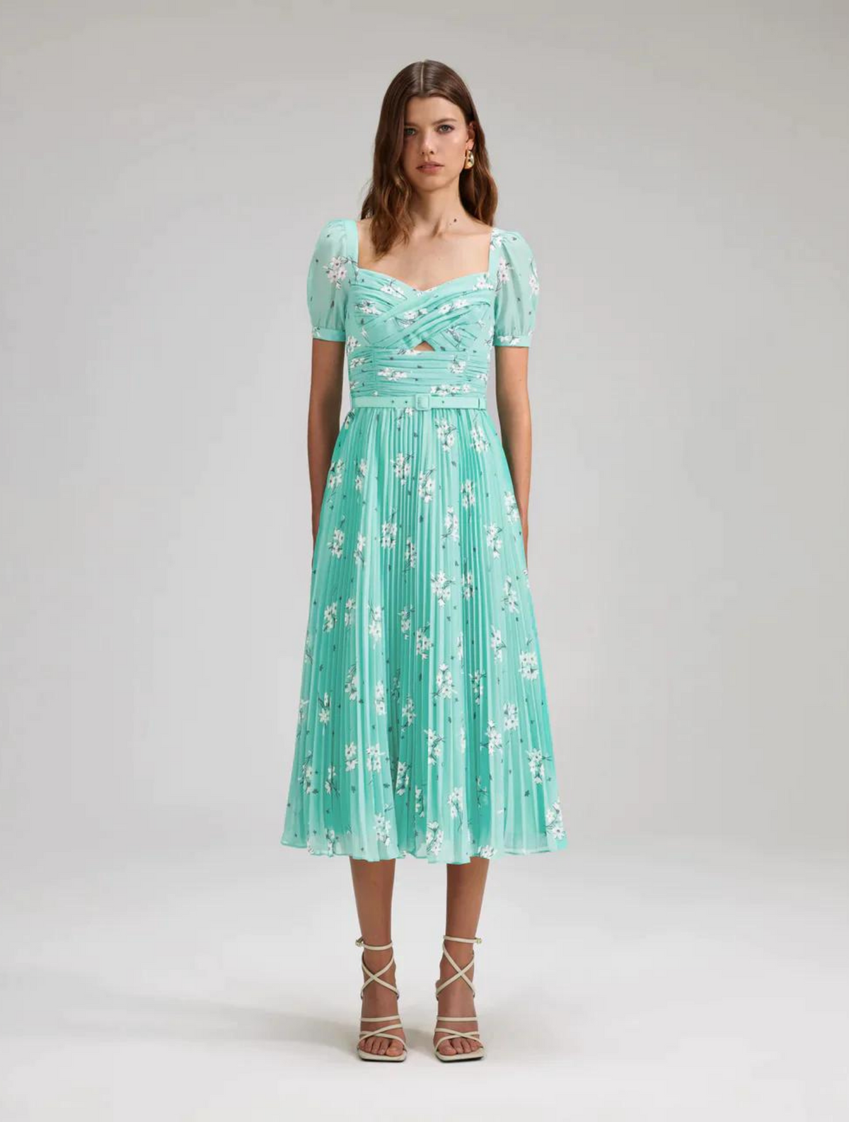 Aqua chiffon midi dress with short sleeves and pleated skirt with all over ivory floral print