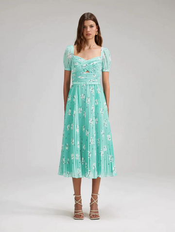 Aqua chiffon midi dress with short sleeves and pleated skirt with all over ivory floral print