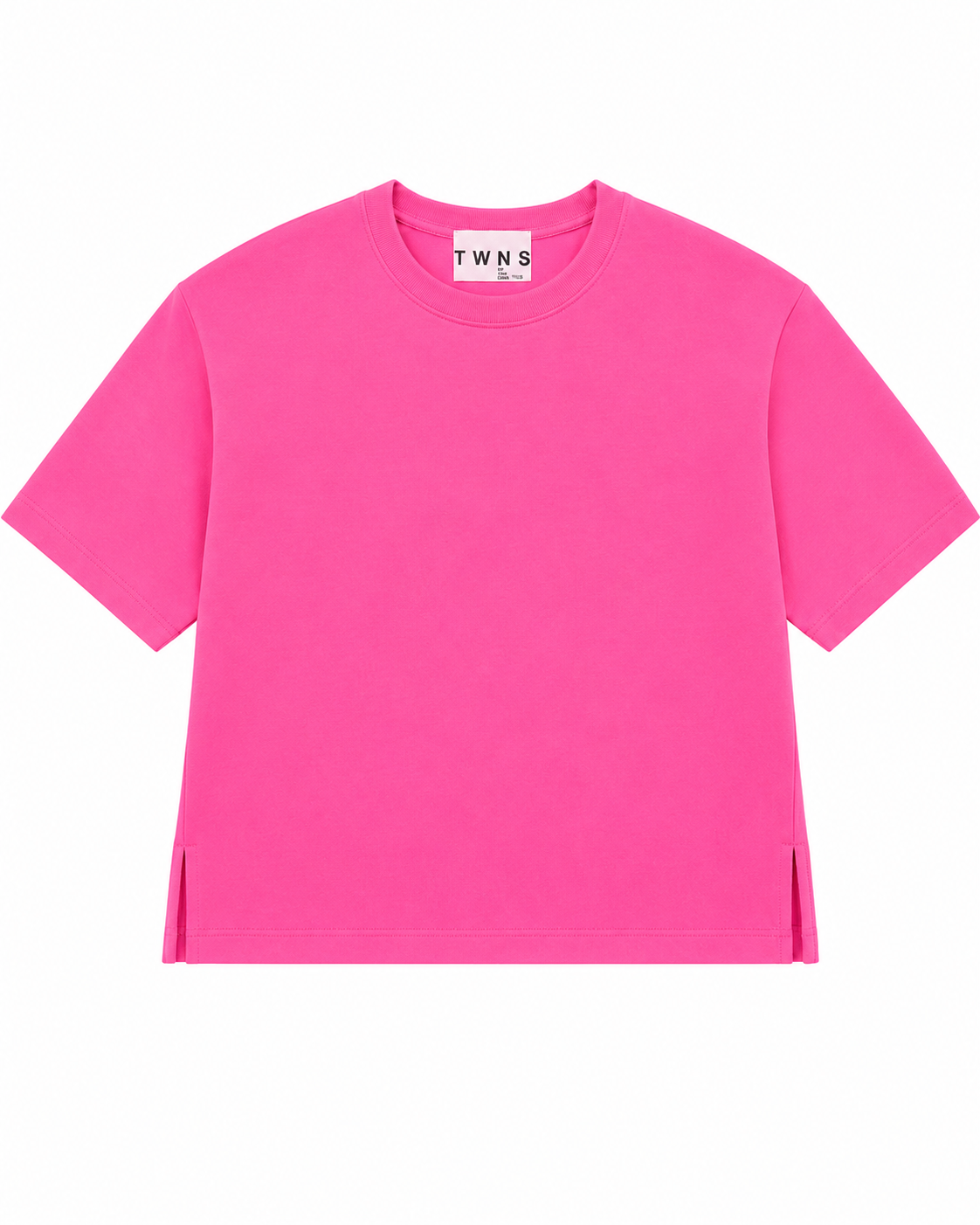 A bright pink short-sleeve crewneck t-shirt with side slits at the hem, displayed flat against a solid white background. The inner neck label shows the brand name 'TWN S'.