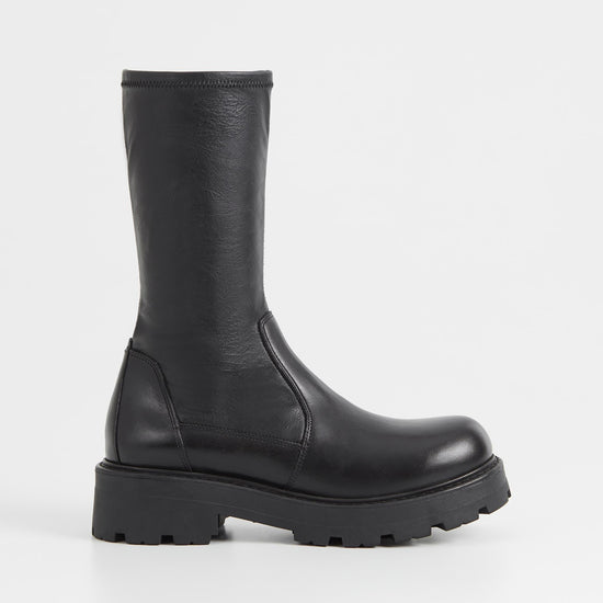 Chunky pull on black leather sock boot with chunky sole and heel