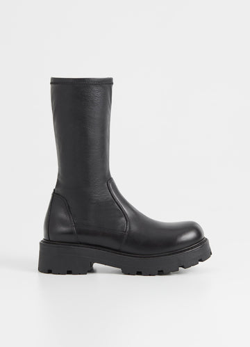 Chunky pull on black leather sock boot with chunky sole and heel