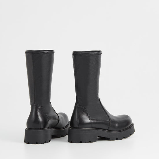 Chunky pull on black leather sock boot with chunky sole and heel