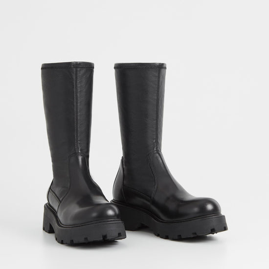 Chunky pull on black leather sock boot with chunky sole and heel