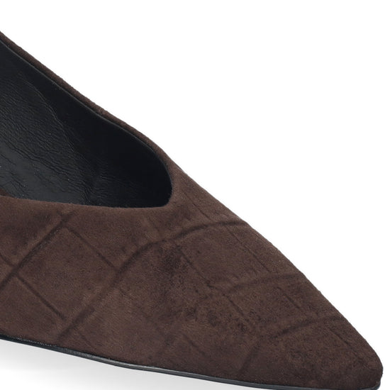 A close-up of a dark brown suede pointed-toe flat shoe with a quilted texture pattern, shown against a plain white background.