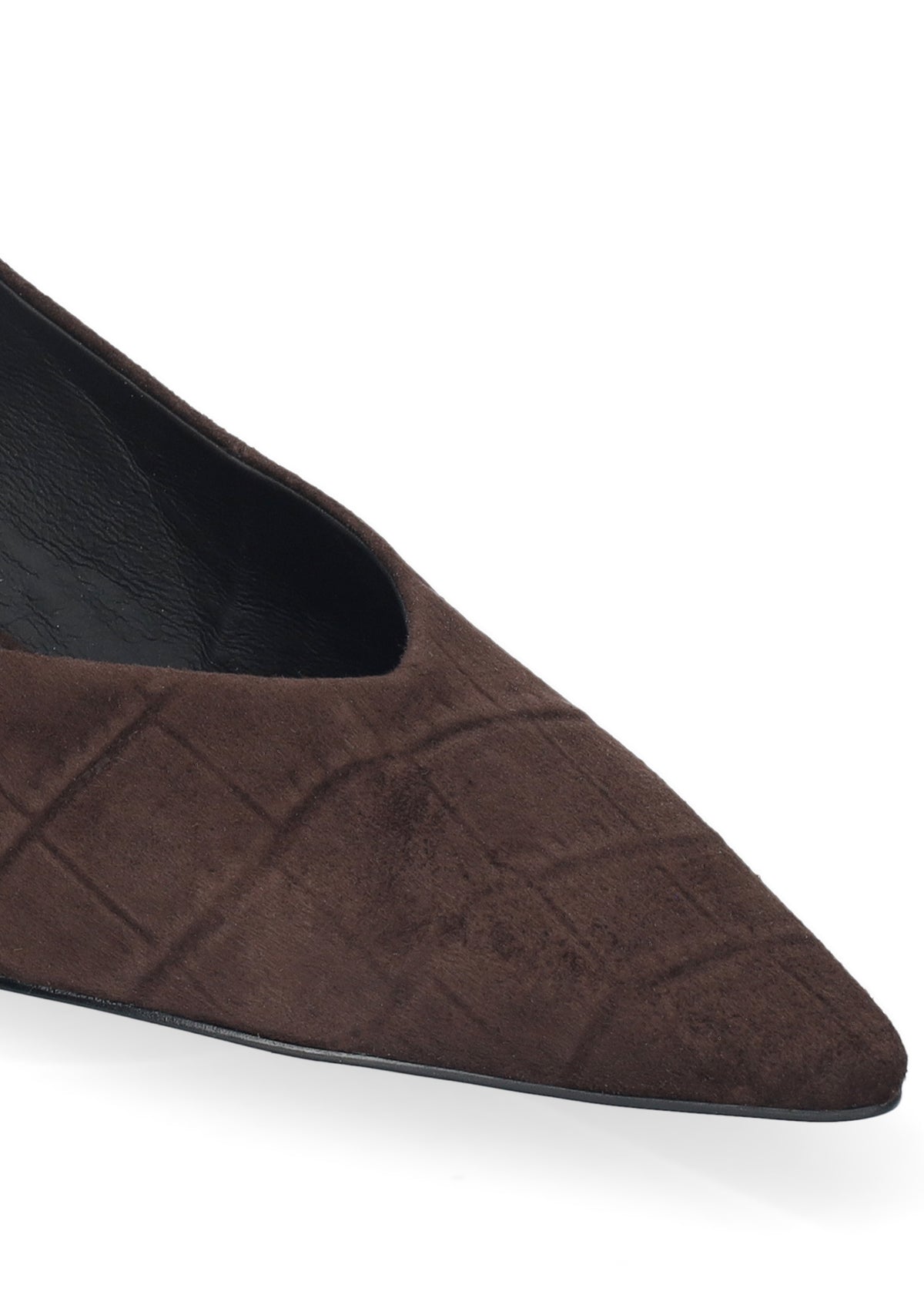 A close-up of a dark brown suede pointed-toe flat shoe with a quilted texture pattern, shown against a plain white background.