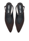 A pair of dark brown pointed-toe slingback flats with an embossed crocodile pattern, shown from a top-down view on a white background. The brand name 'BIRI LOU' is printed in white on the black insoles.