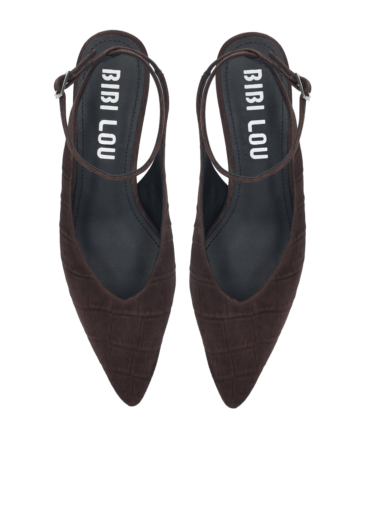 A pair of dark brown pointed-toe slingback flats with an embossed crocodile pattern, shown from a top-down view on a white background. The brand name 'BIRI LOU' is printed in white on the black insoles.