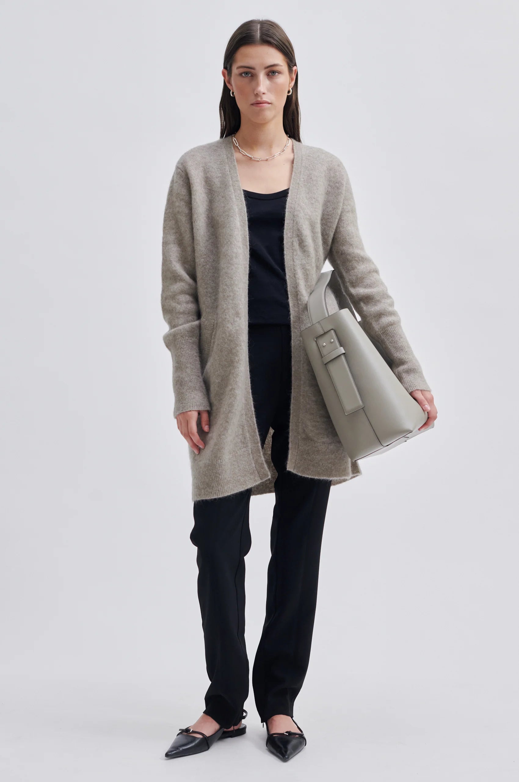 Long line edge to edge cardigan in soft taupe