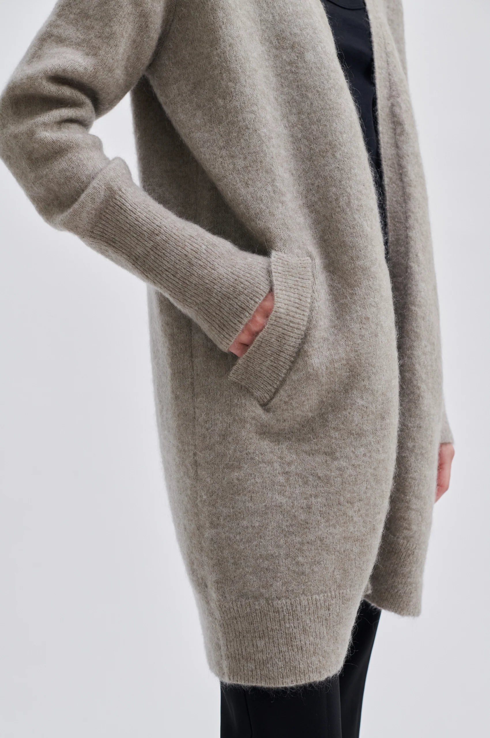 Long line edge to edge cardigan in soft taupe
