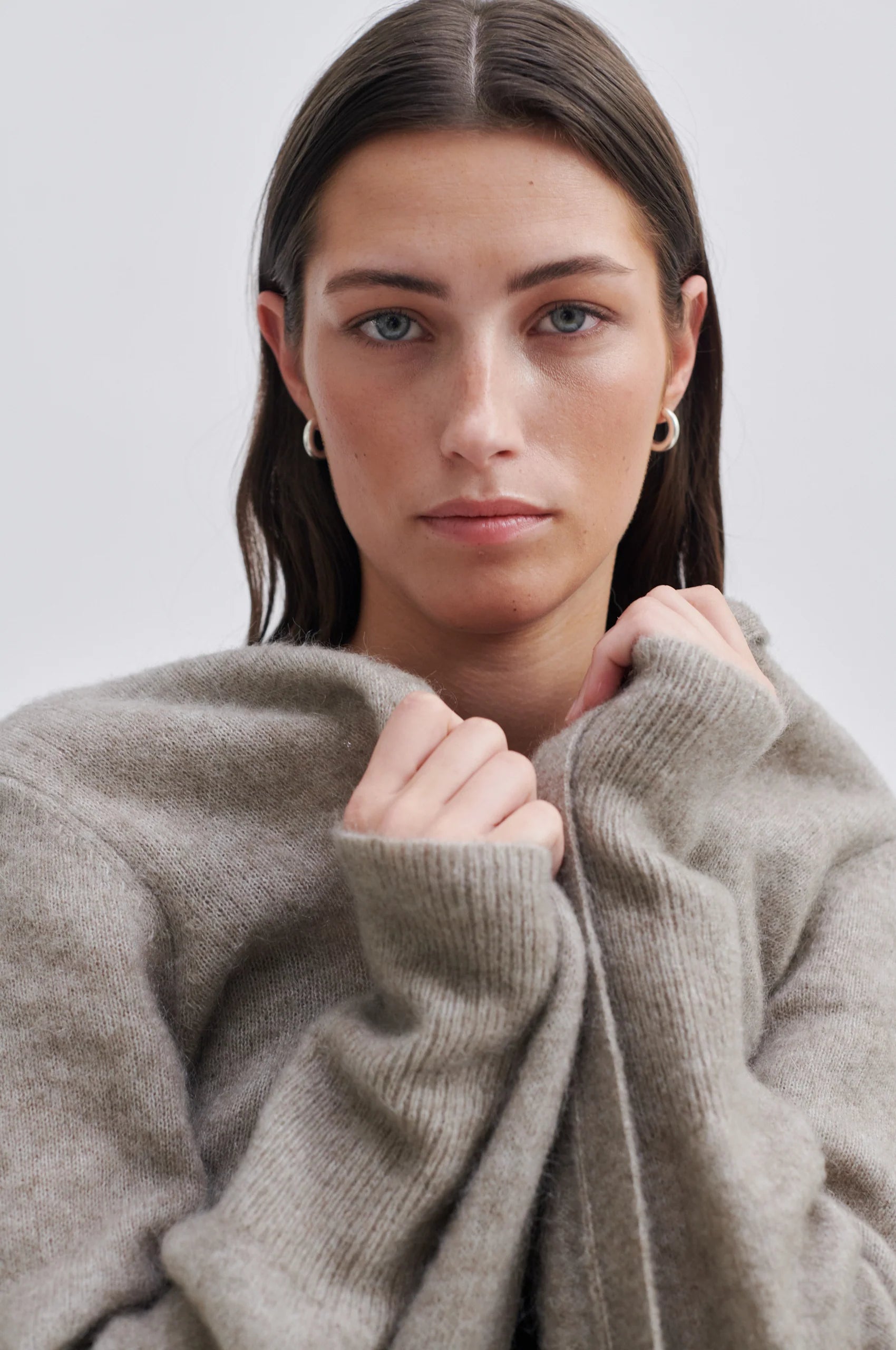 Long line edge to edge cardigan in soft taupe