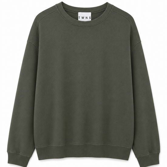 An oversized crewneck sweatshirt in olive green, against a solid white background.