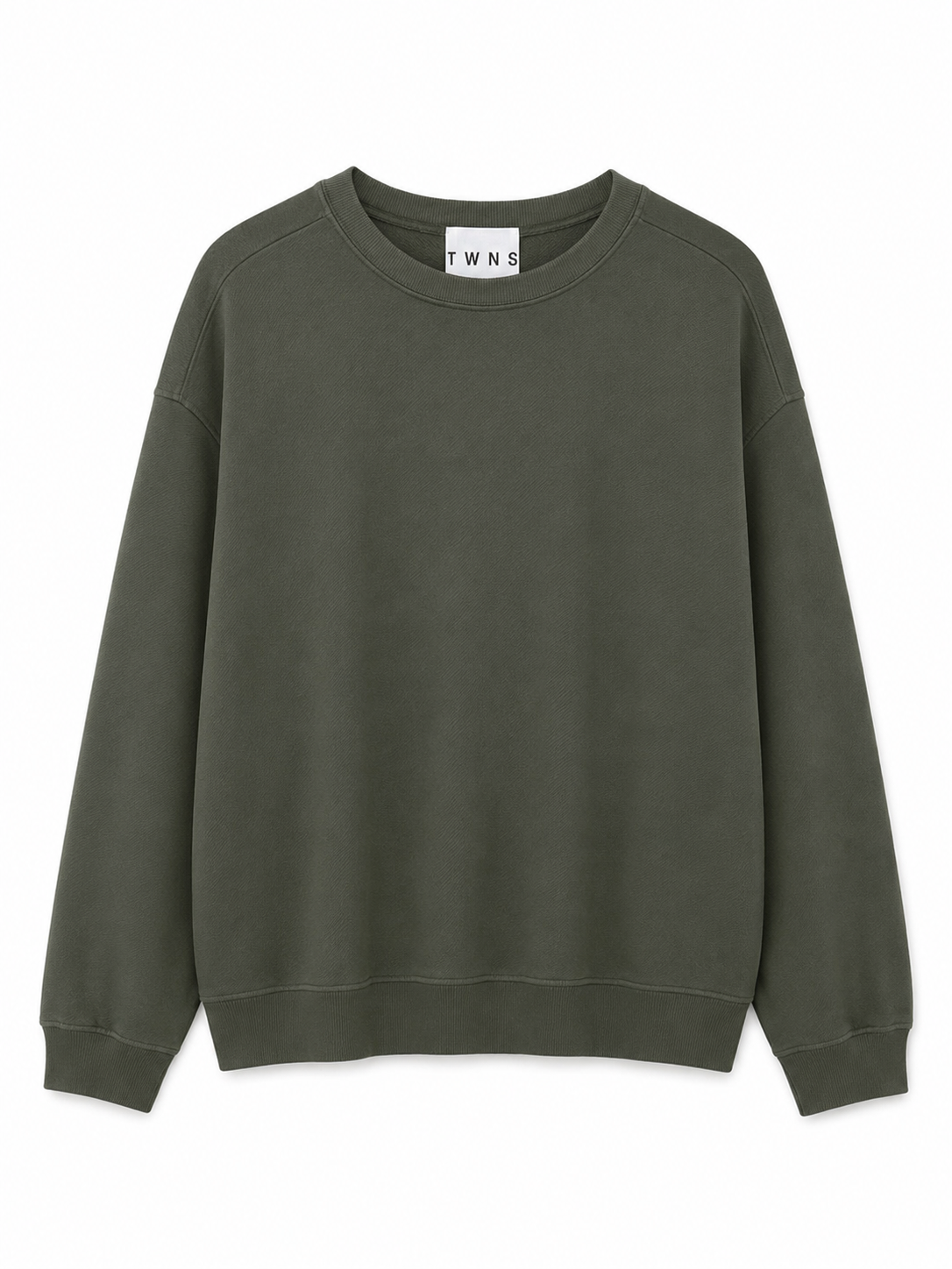An oversized crewneck sweatshirt in olive green, against a solid white background.