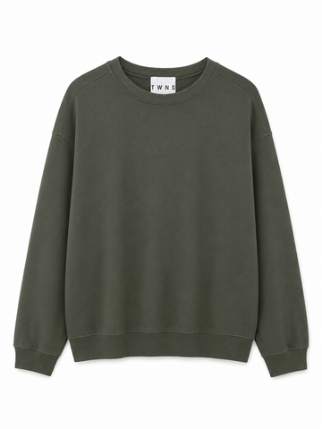 An oversized crewneck sweatshirt in olive green, against a solid white background.