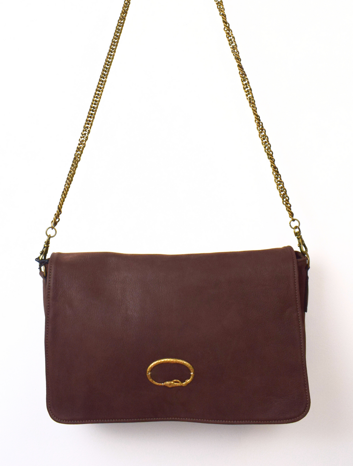 Brown nubuck leather bag with brass cobra stomp and removable chain strap